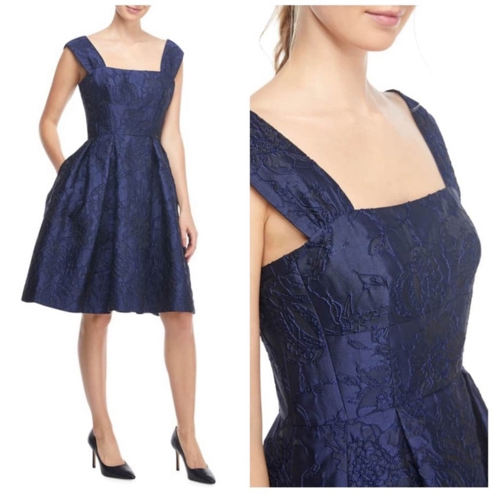 Gal Meets Glam Navy Textured Square-Neck Fit & Flare Midi Dress